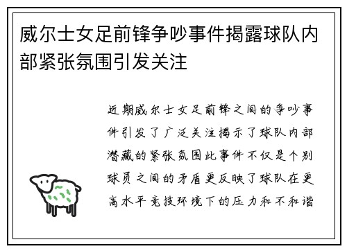 威尔士女足前锋争吵事件揭露球队内部紧张氛围引发关注