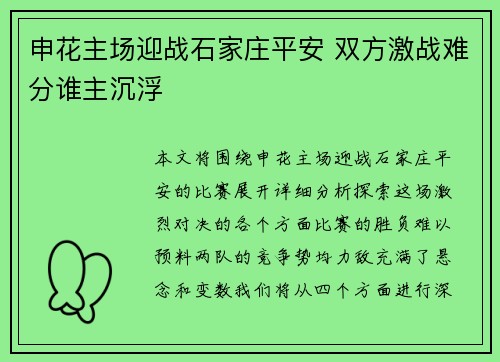申花主场迎战石家庄平安 双方激战难分谁主沉浮