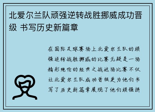 北爱尔兰队顽强逆转战胜挪威成功晋级 书写历史新篇章
