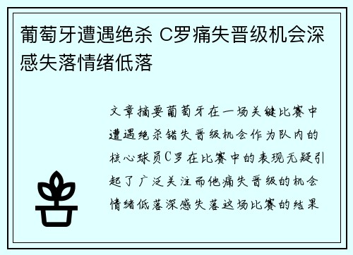 葡萄牙遭遇绝杀 C罗痛失晋级机会深感失落情绪低落