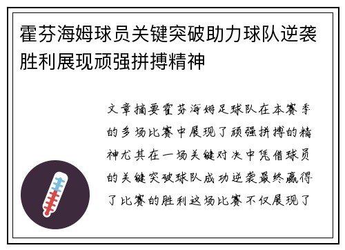 霍芬海姆球员关键突破助力球队逆袭胜利展现顽强拼搏精神